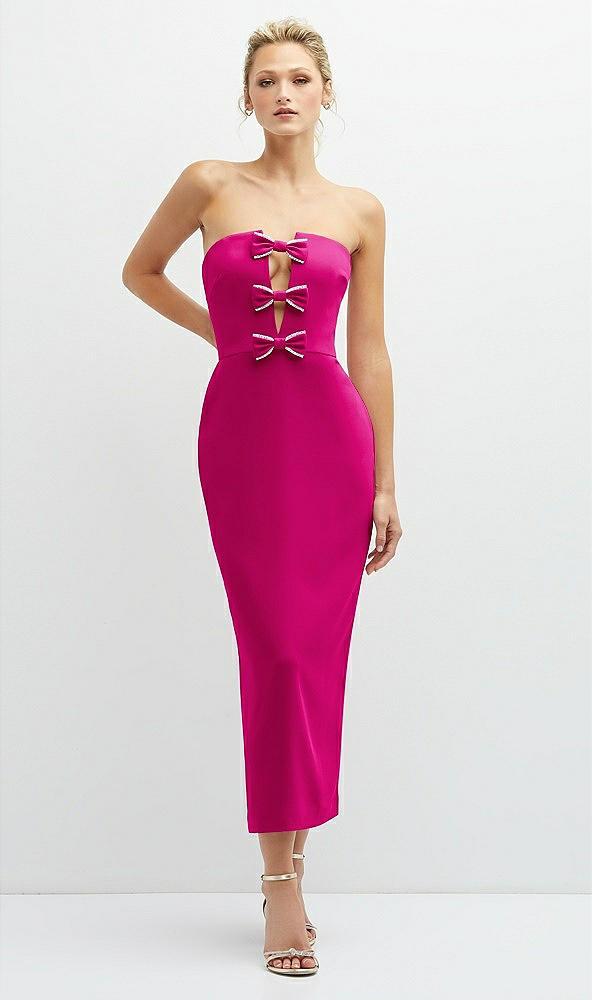 rhinestone bow trimmed peek-a-boo deep-v midi dress with pencil skirt