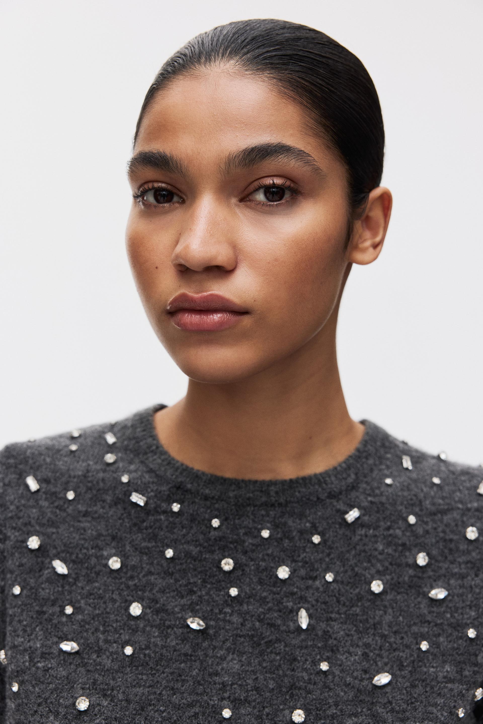 rhinestone-embellished fine-knit top