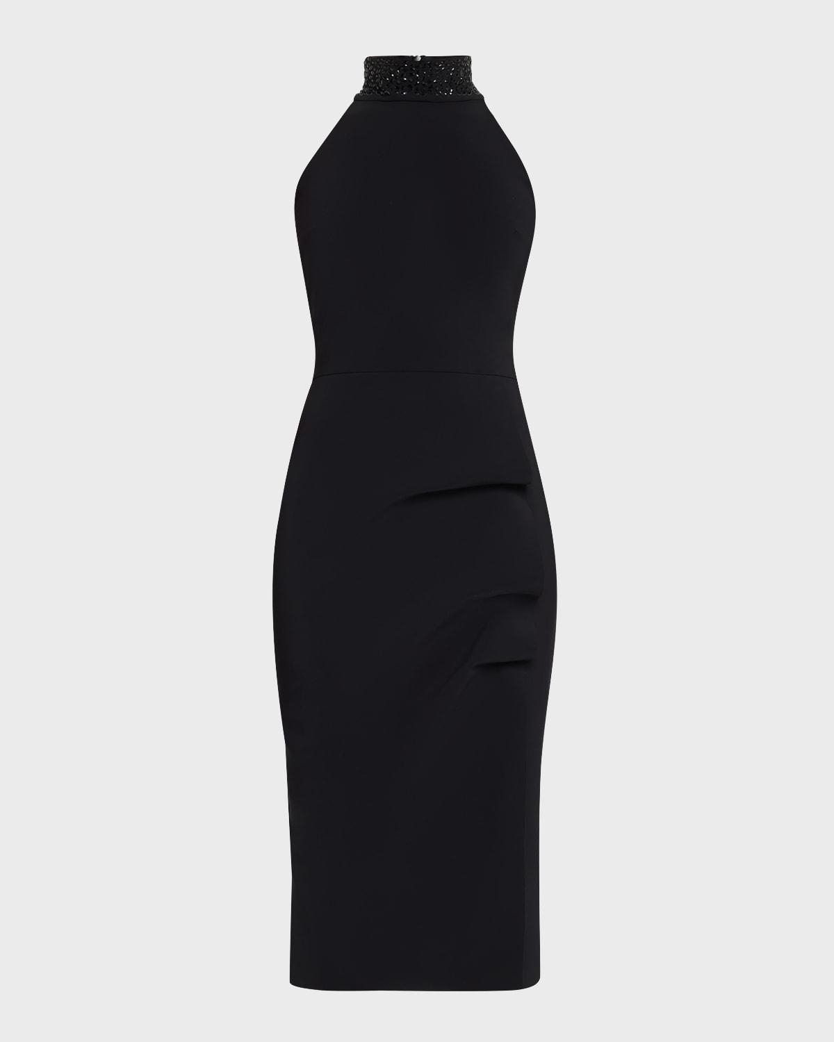 rhinestone-embellished halter midi sheath dress