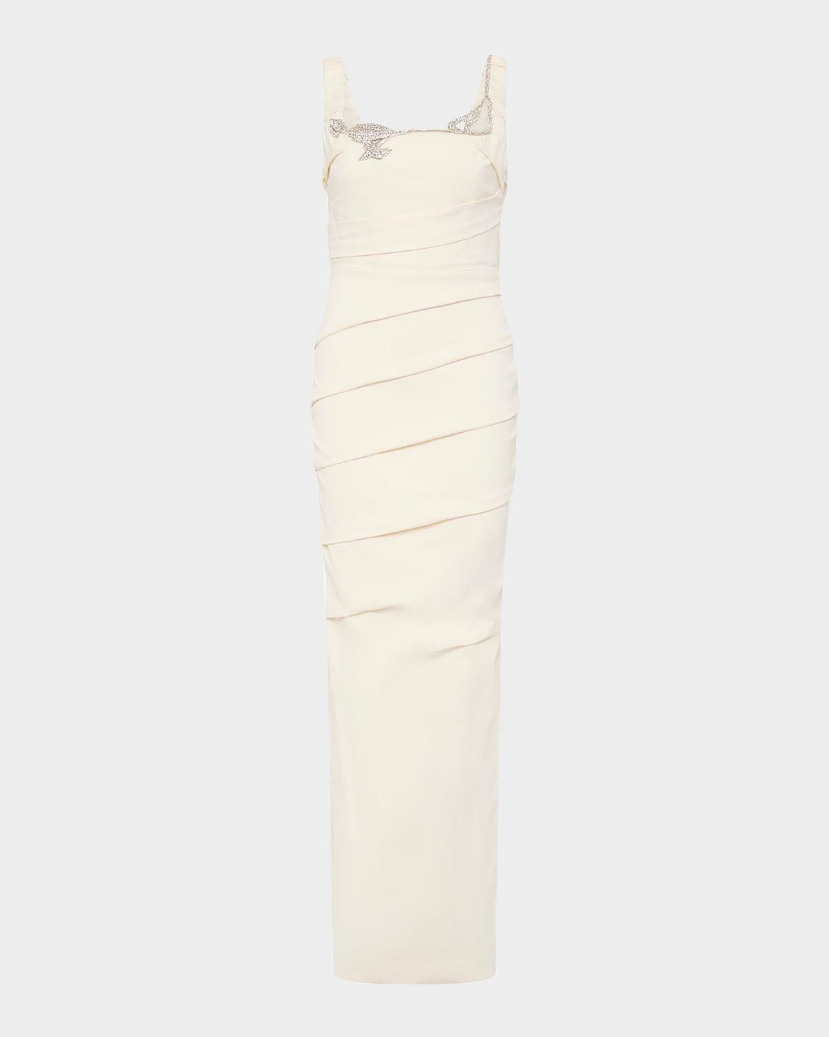 rhodes crystal square-neck pleated column gown
