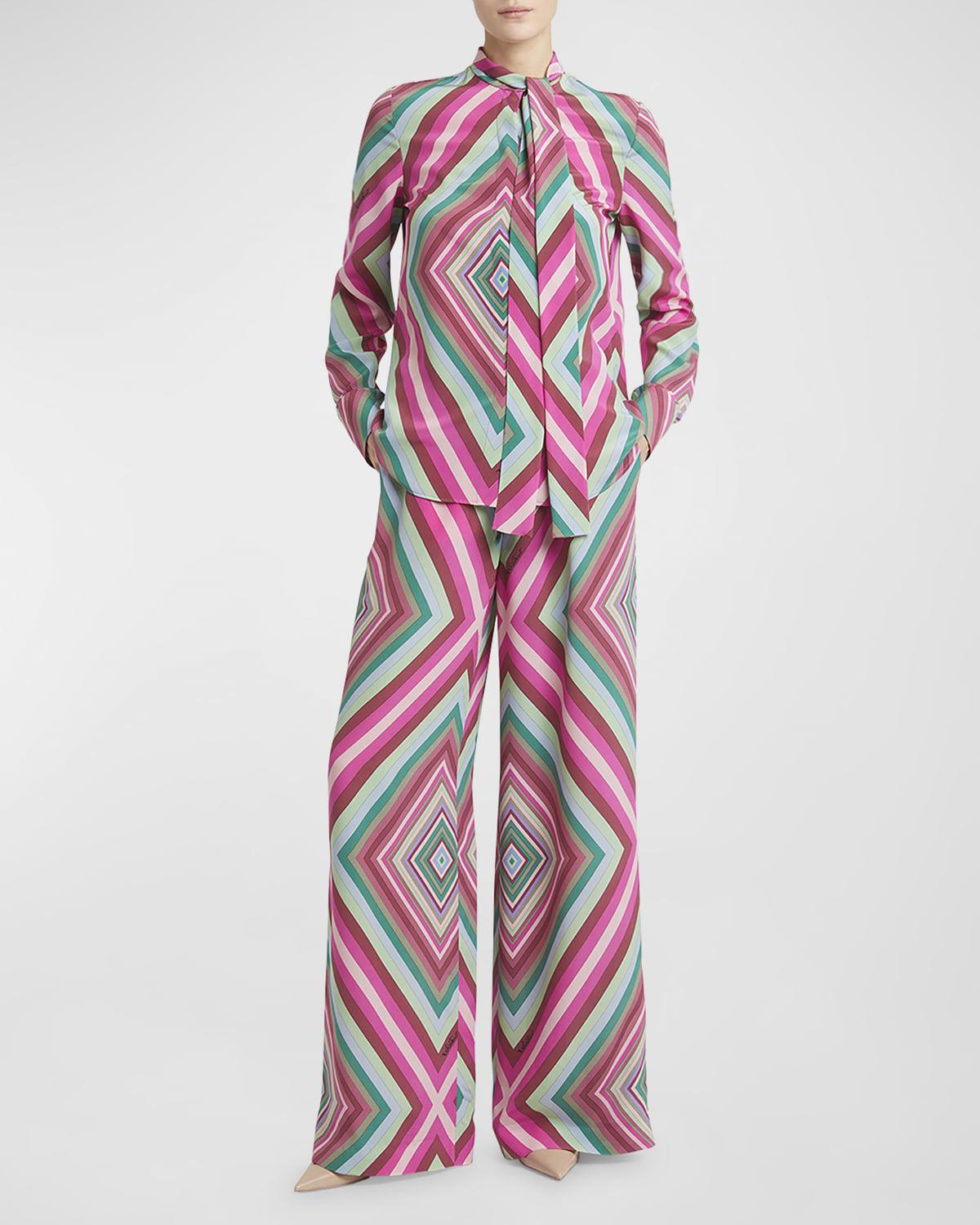 rhombus-print wide-leg crepe de chine pull-on pants
