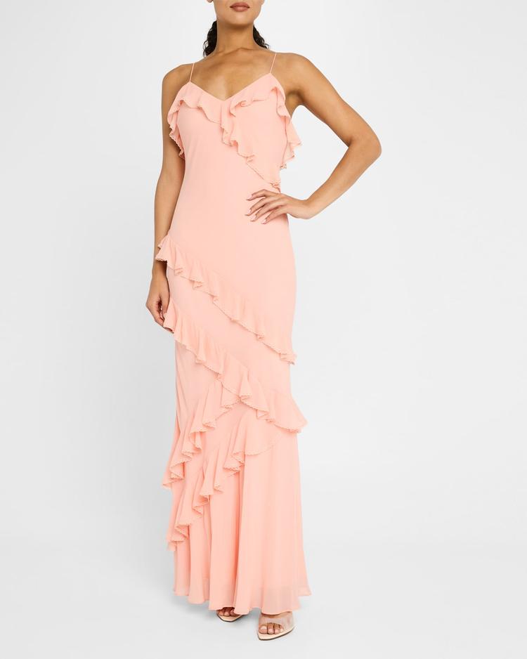 rialto asymmetric ruffle maxi dress