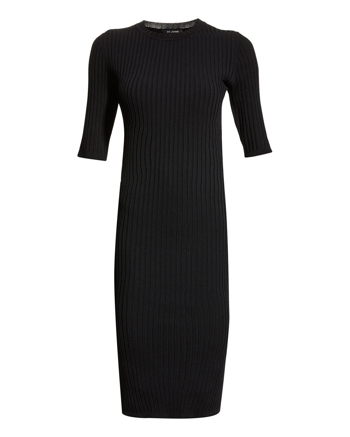 rib elbow-sleeve midi sheath dress