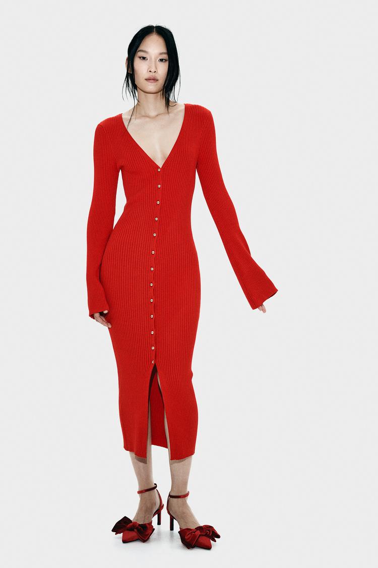 rib-knit button-front dress