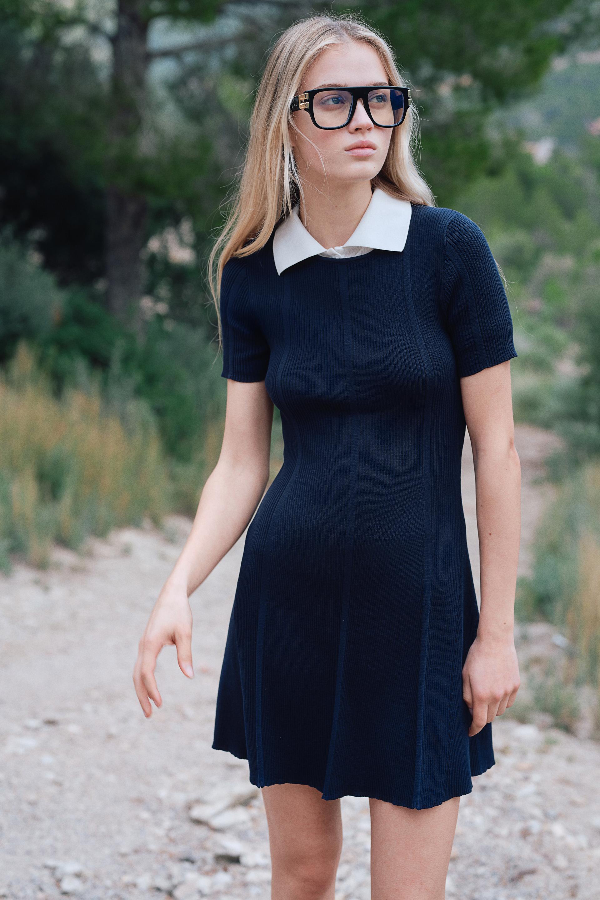 rib-knit dress with flared skirt