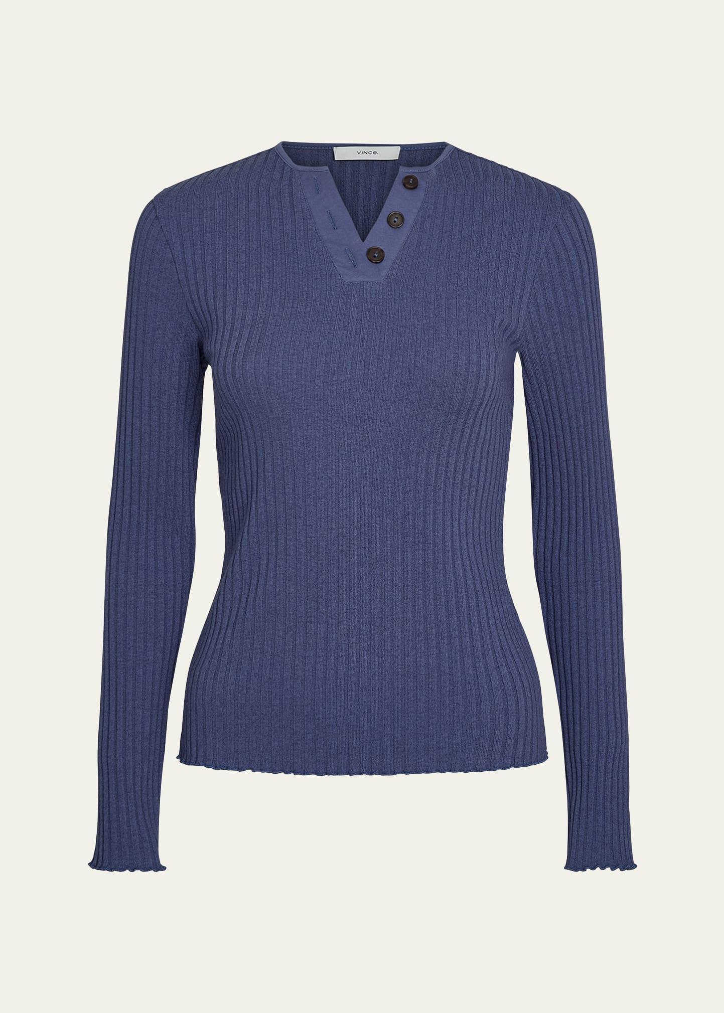 rib-knit long-sleeve henley top