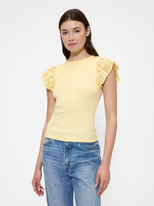 ribbed eyelet flutter sleeve t-shirt