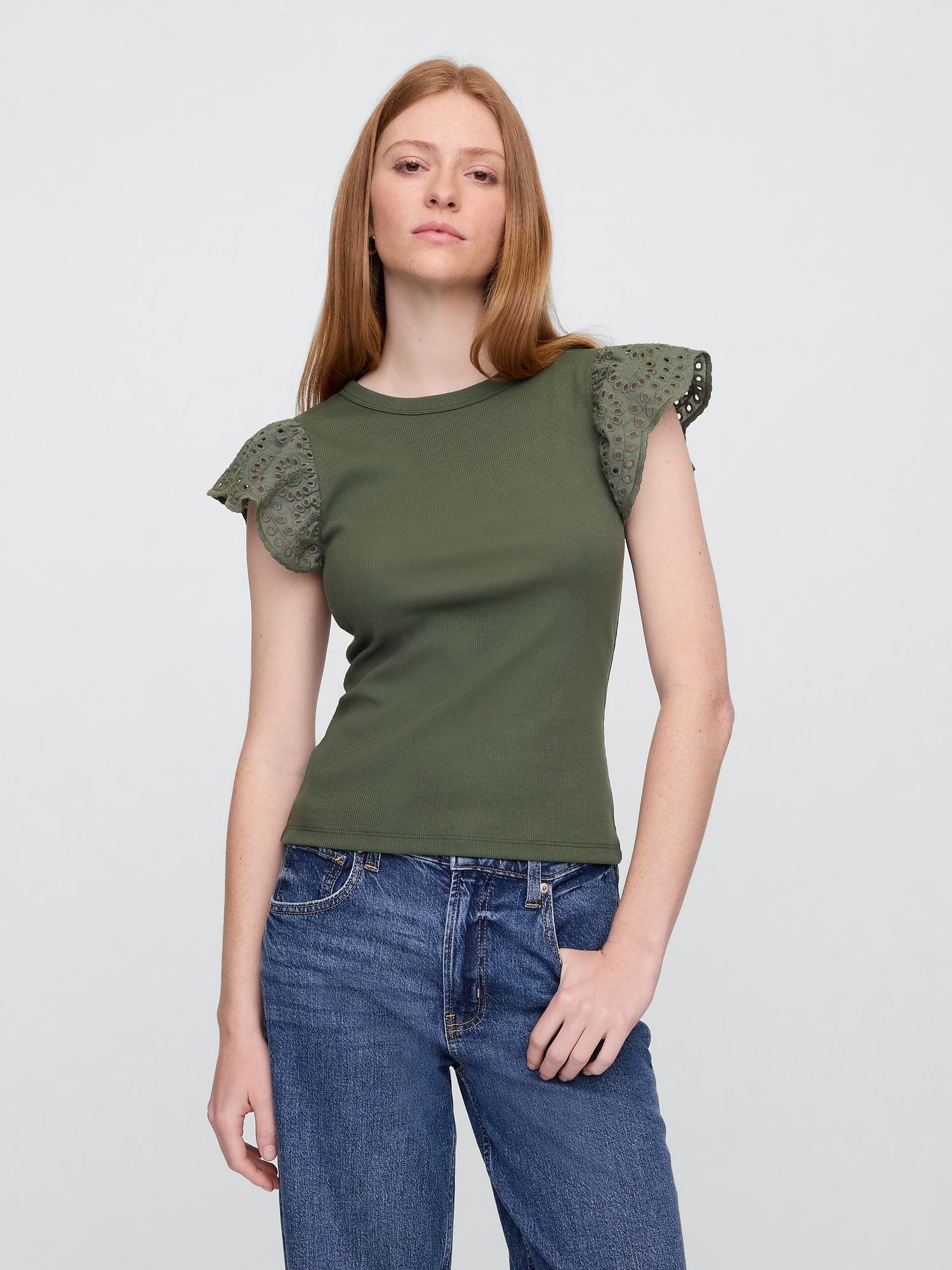 ribbed eyelet flutter sleeve t-shirt