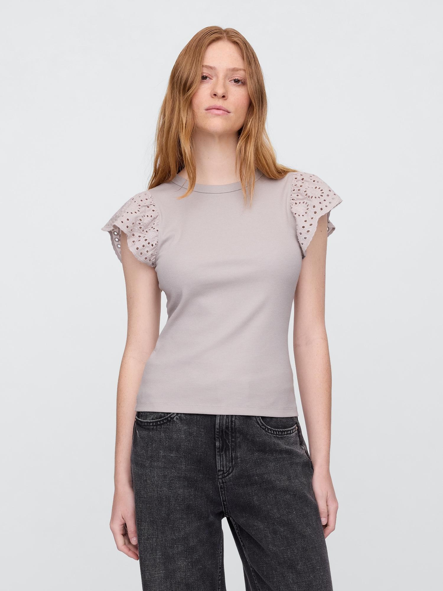 ribbed eyelet flutter sleeve t-shirt