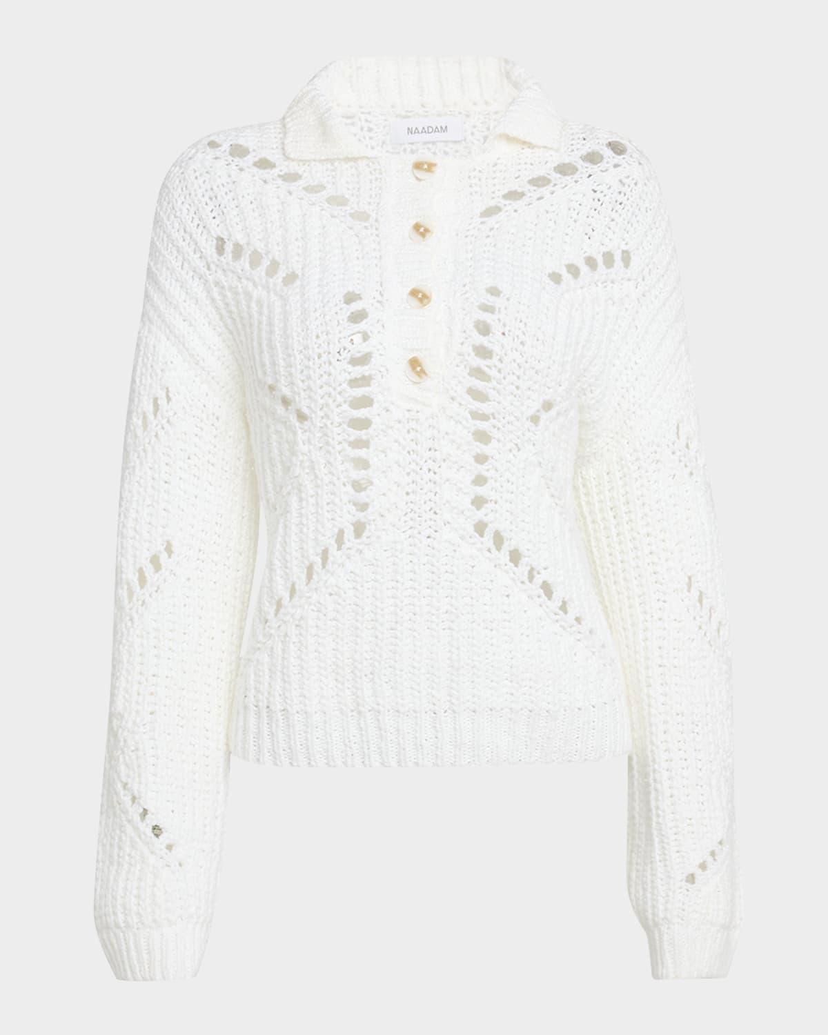 ribbed open-stitch quarter button sweater