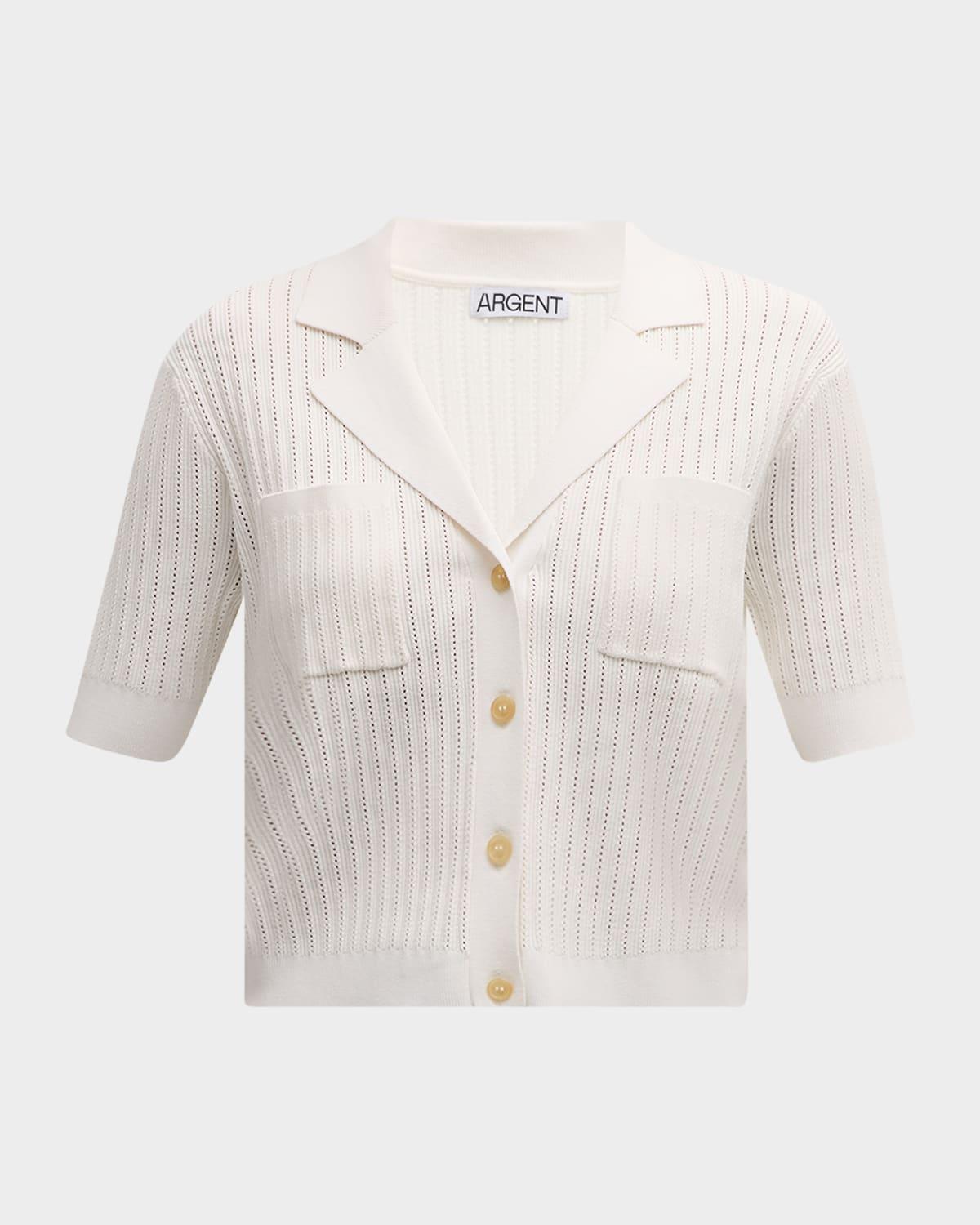 ribbed pointelle-knit button-down shirt