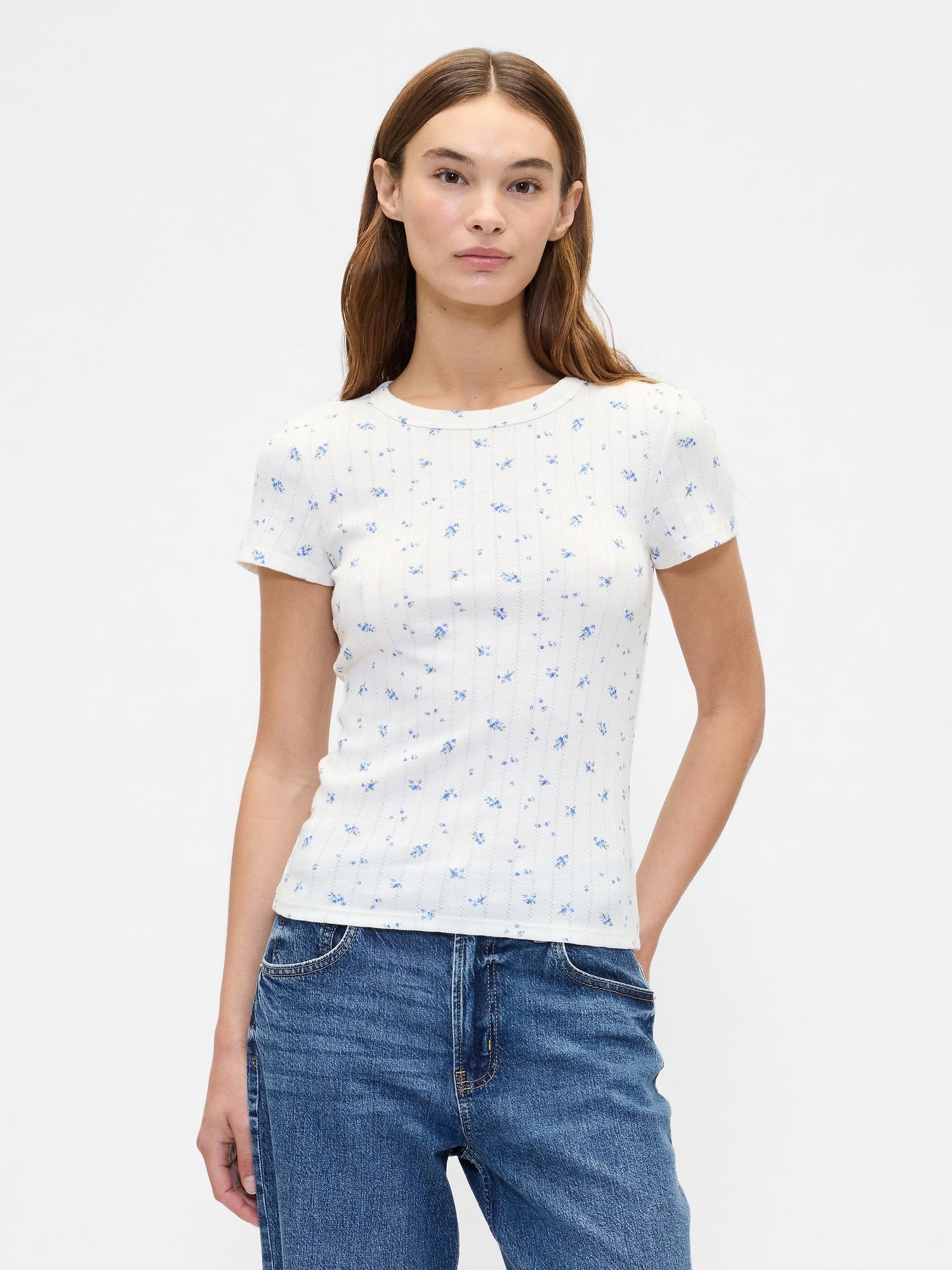 ribbed print pointelle crewneck t-shirt