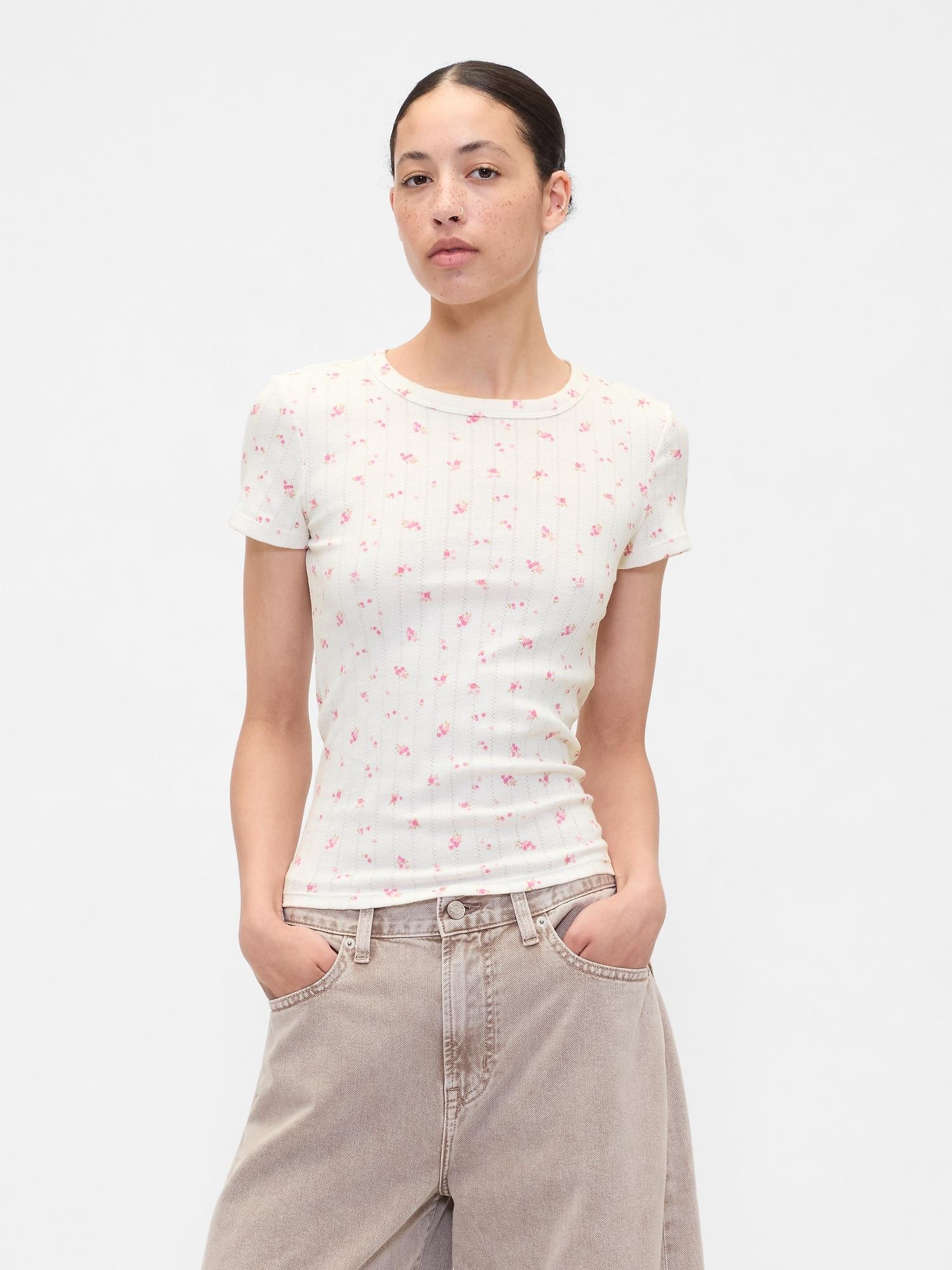 ribbed print pointelle crewneck t-shirt