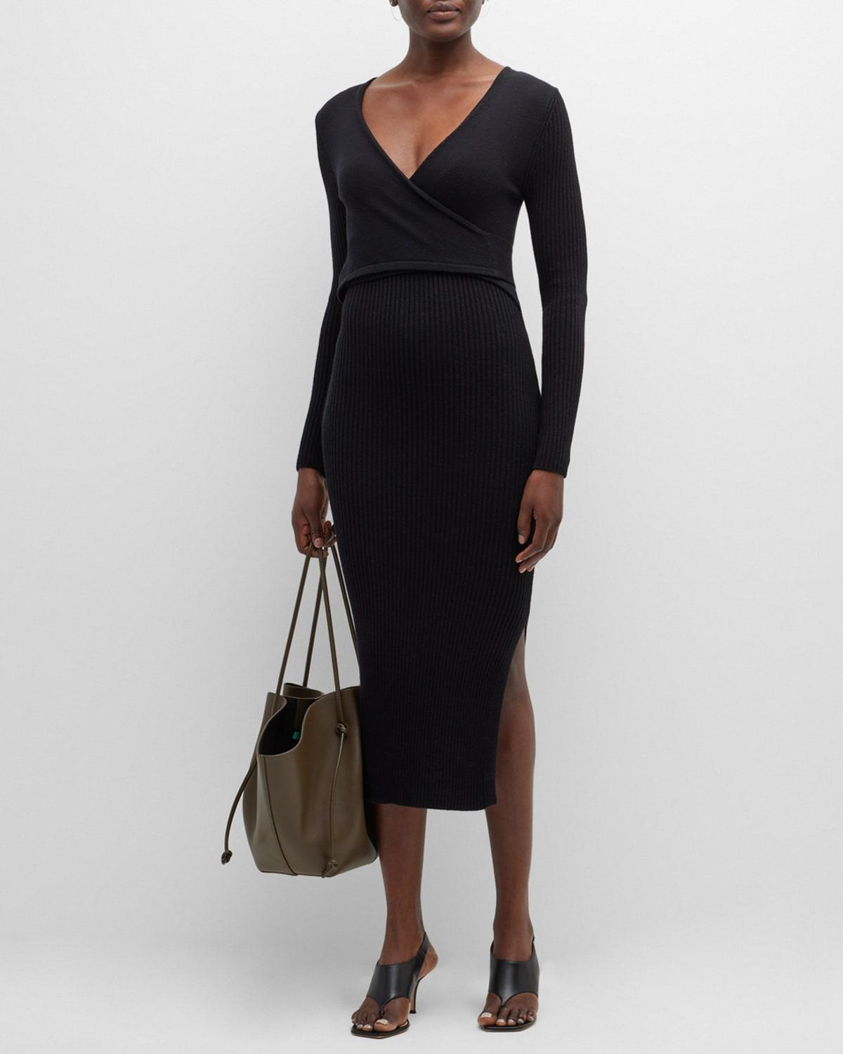ribbed side-slit wrap midi dress