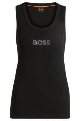 ribbed stretch-cotton tank top with crystal logo badge- black women's clothing
