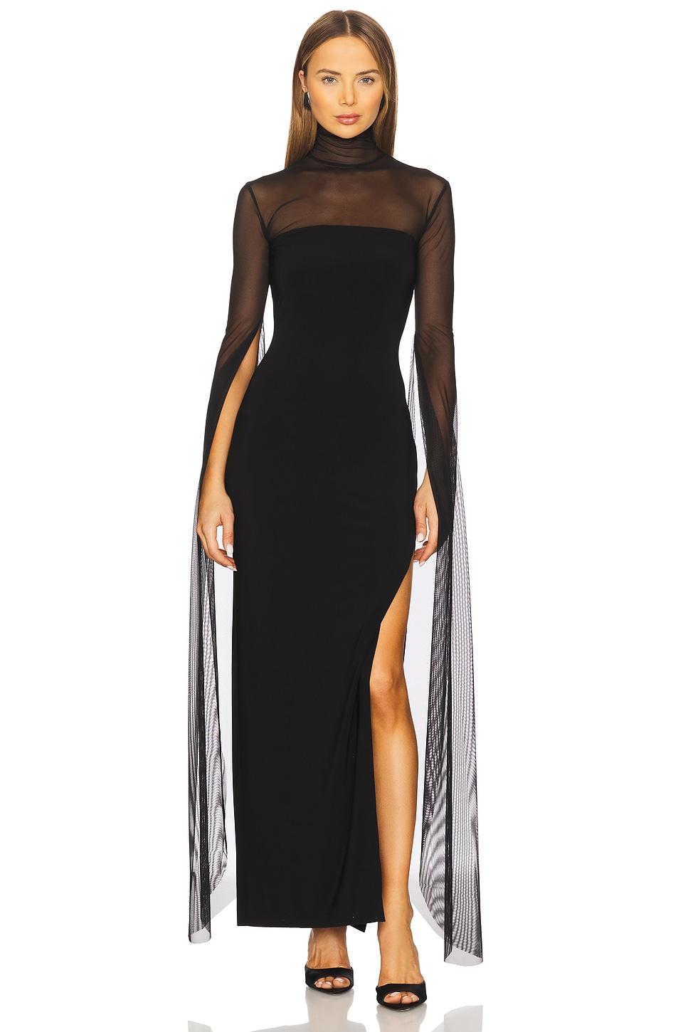 ribbon sleeve turtleneck side slit gown