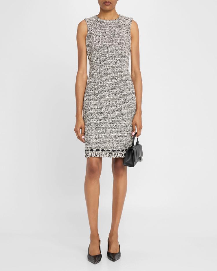 ribbon-trim fringed tweed dress