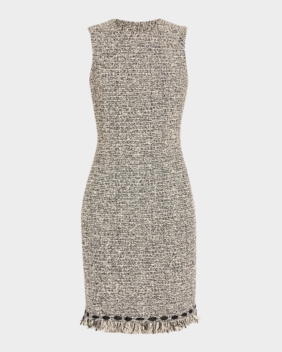 ribbon-trim fringed tweed dress