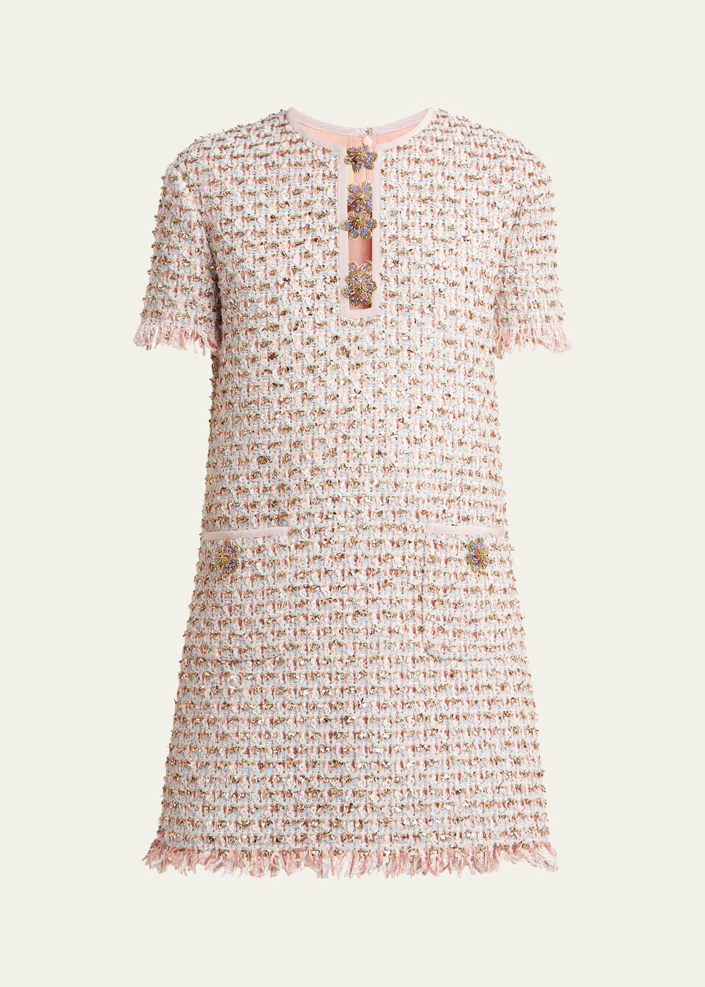 ribbon tweed frayed mini dress