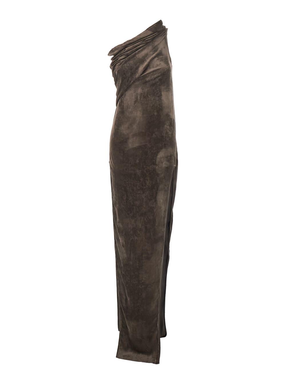 rick owens athena arrowhead brown asymmetric long dress with ruched neckline and side single slit in viscose blend woman