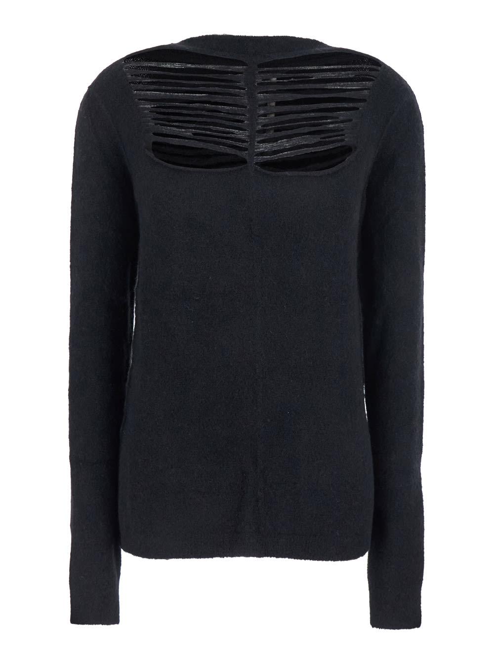 rick owens black sweater with distressed effect and cut-out details on the front in alpaca blend woman