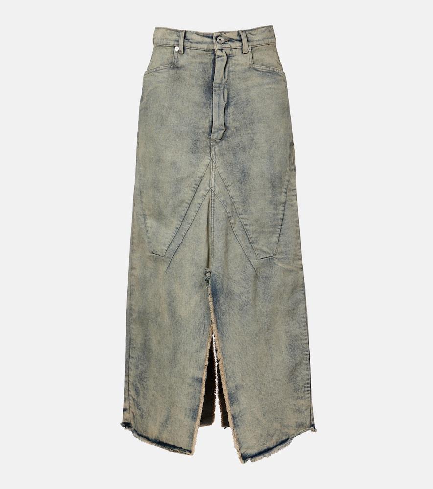 rick owens distressed denim maxi skirt
