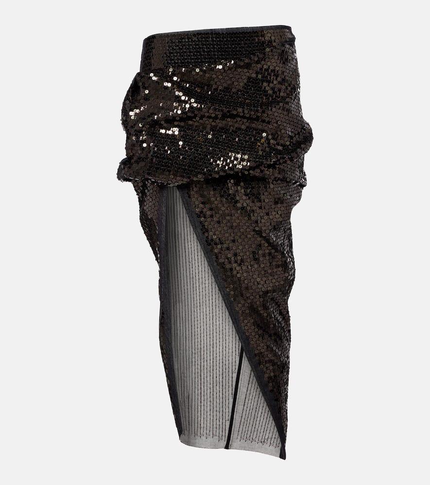 rick owens draped sequined denim midi skirt