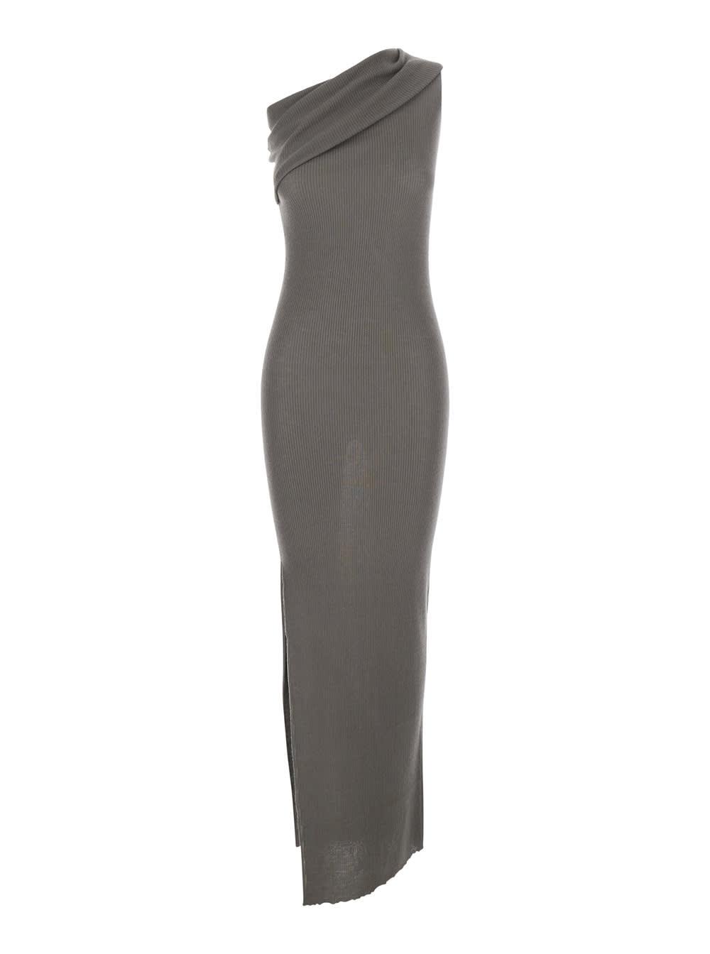 rick owens long dress athena asymmetric with wide neck and ribbed knit in grey cotton for women