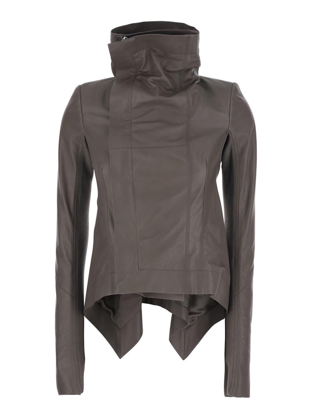 rick owens oversized naska jacket with high collar and front zip closure in grey leather for women