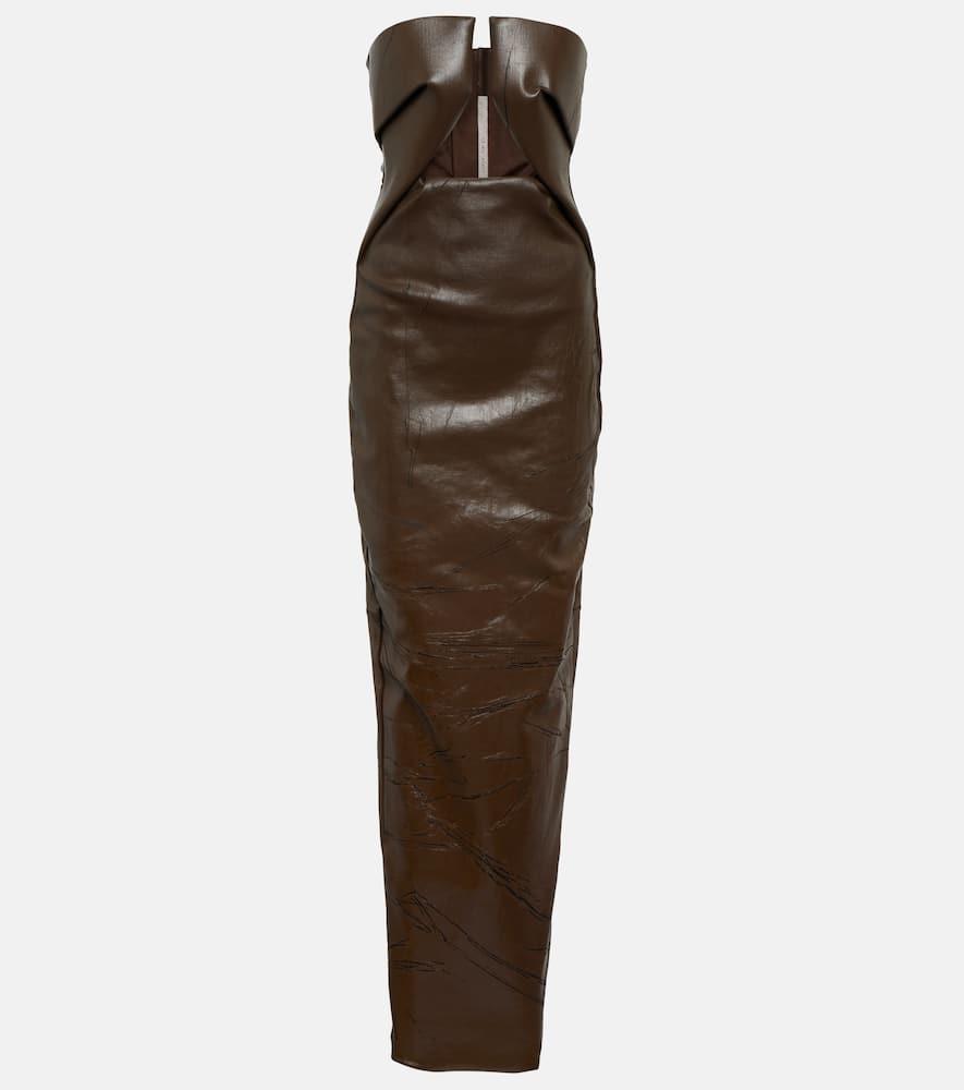 rick owens strapless coated denim gown