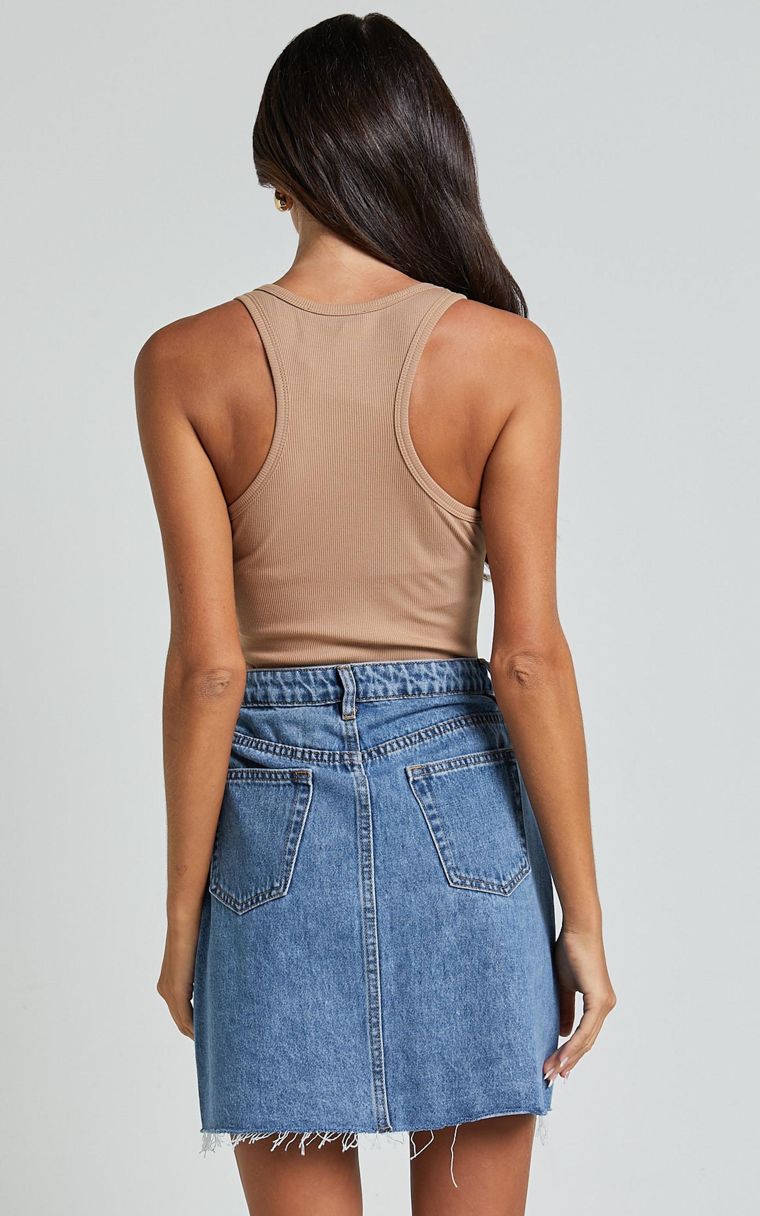 rihanna skirt - high waisted asymmetrical denim skirt in mid blue wash