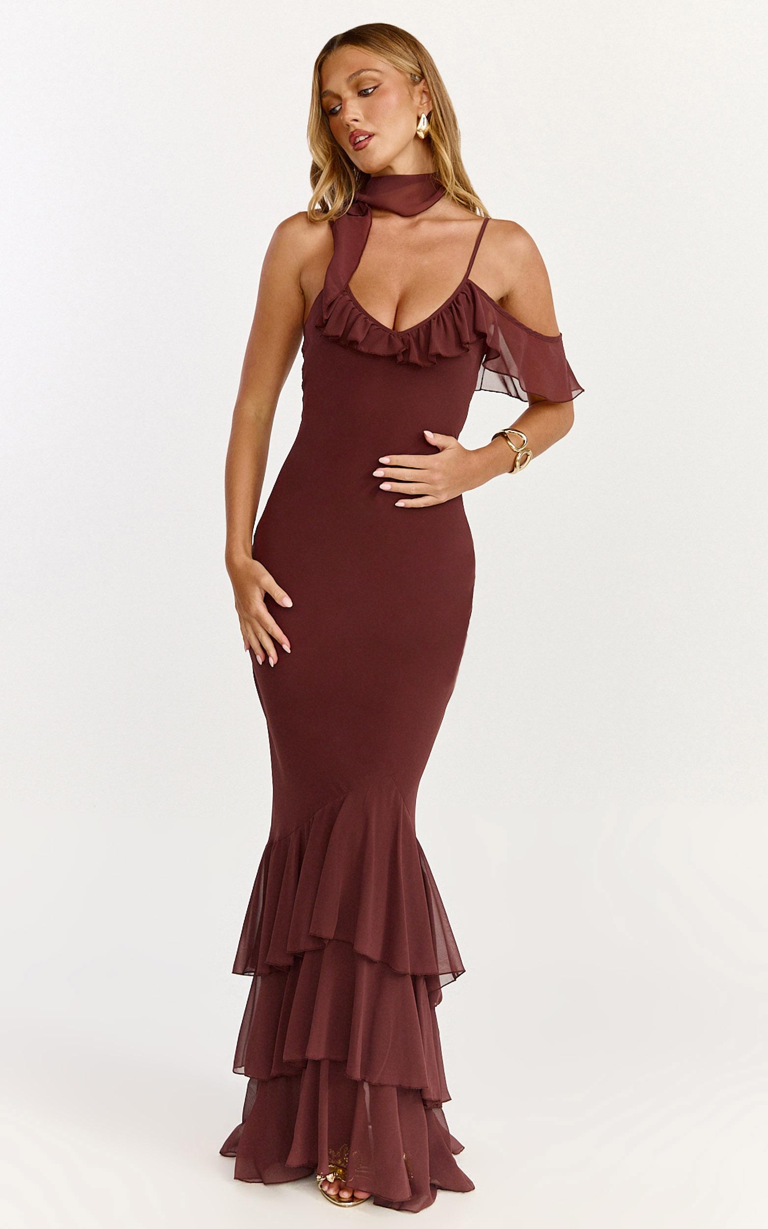 riley maxi dress - asymmetric ruffle detail maxi dress in chocolate