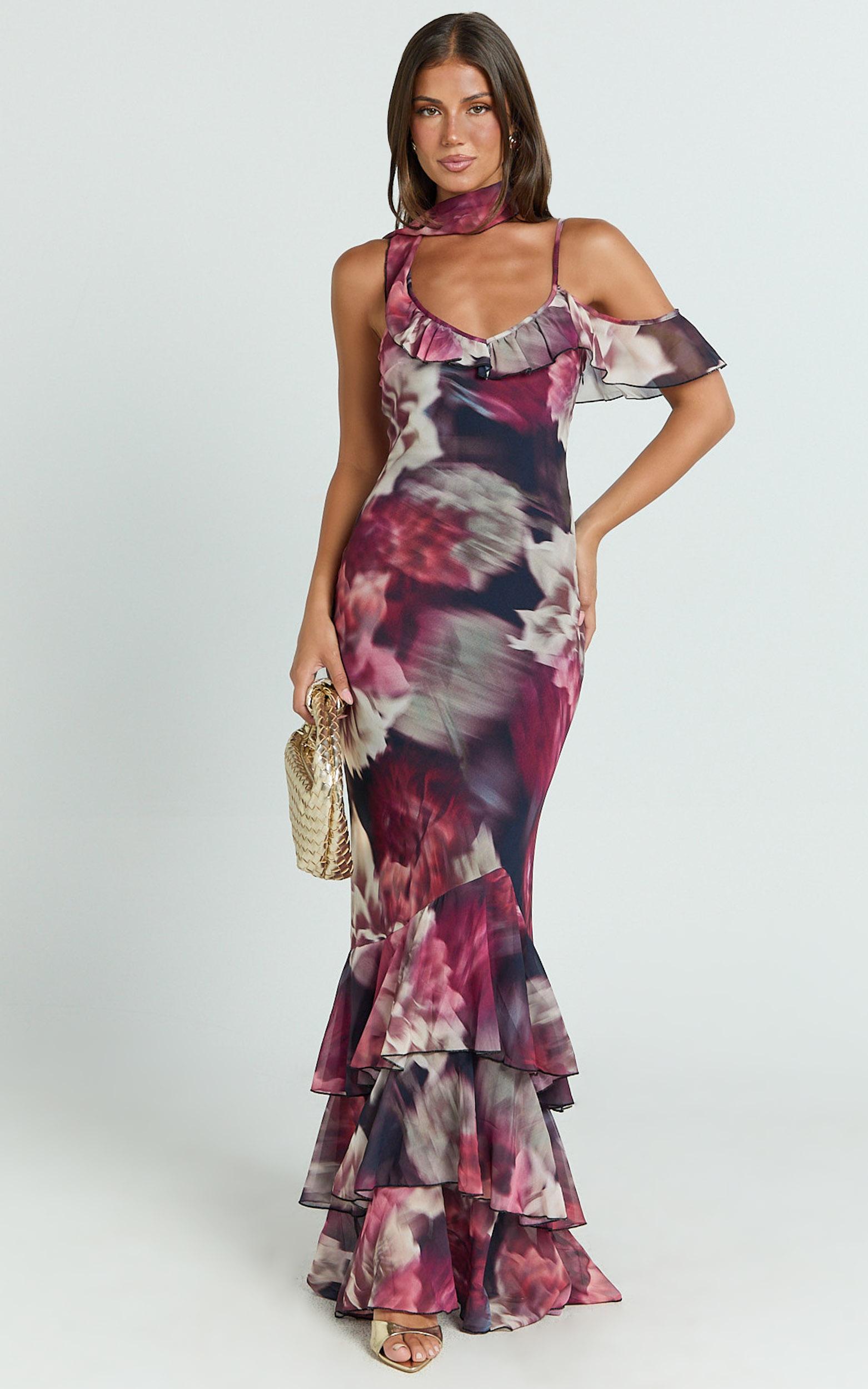 riley maxi dress - asymmetric ruffle detail maxi dress in mariache rose