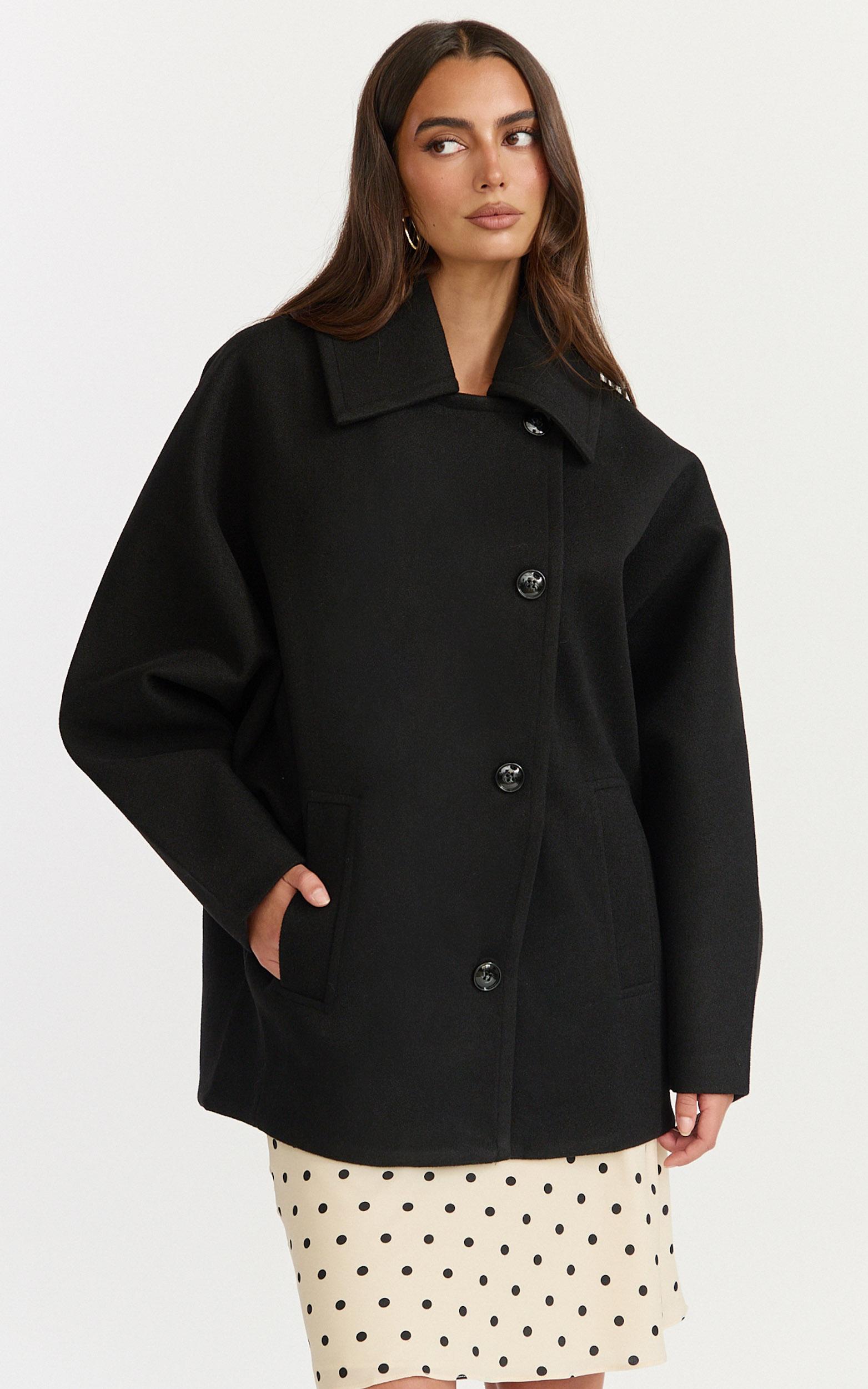 rina coat - oversized three button front closure coat in black