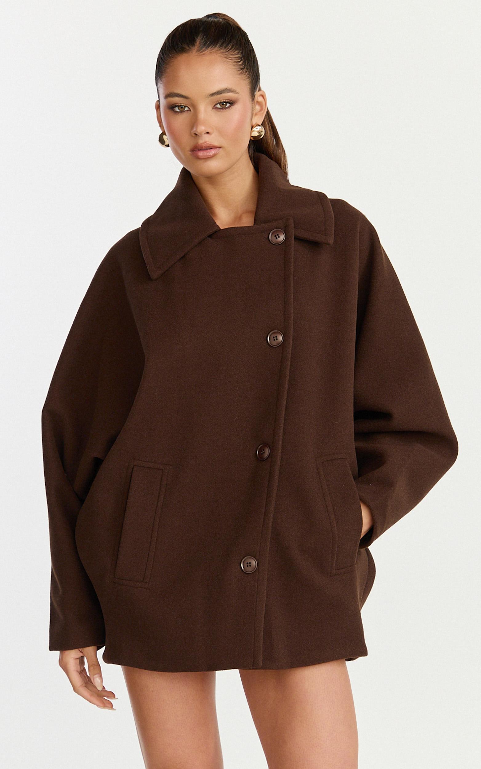 rina coat - oversized three button front closure coat in chocolate