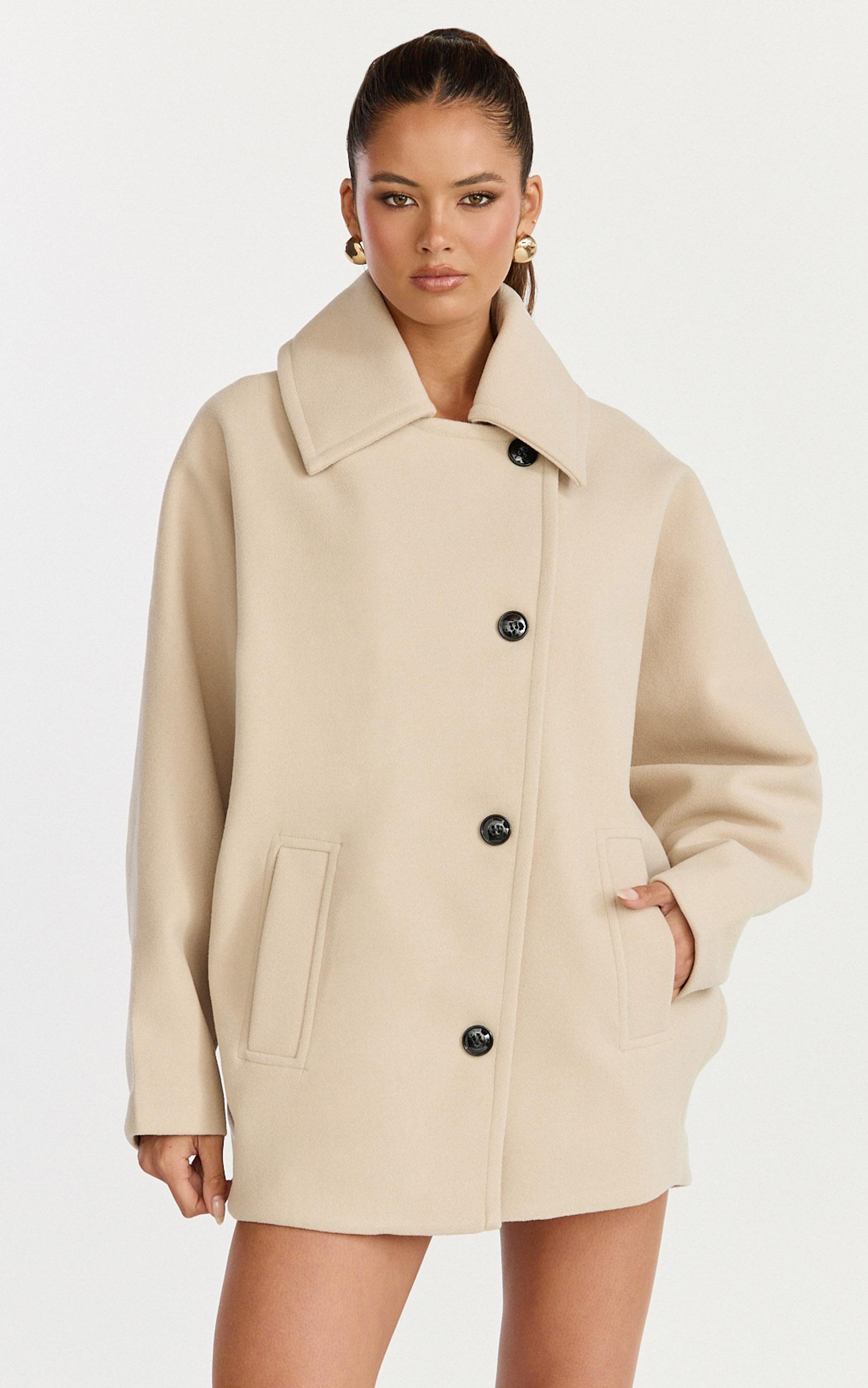 rina coat - oversized three button front closure coat in cream
