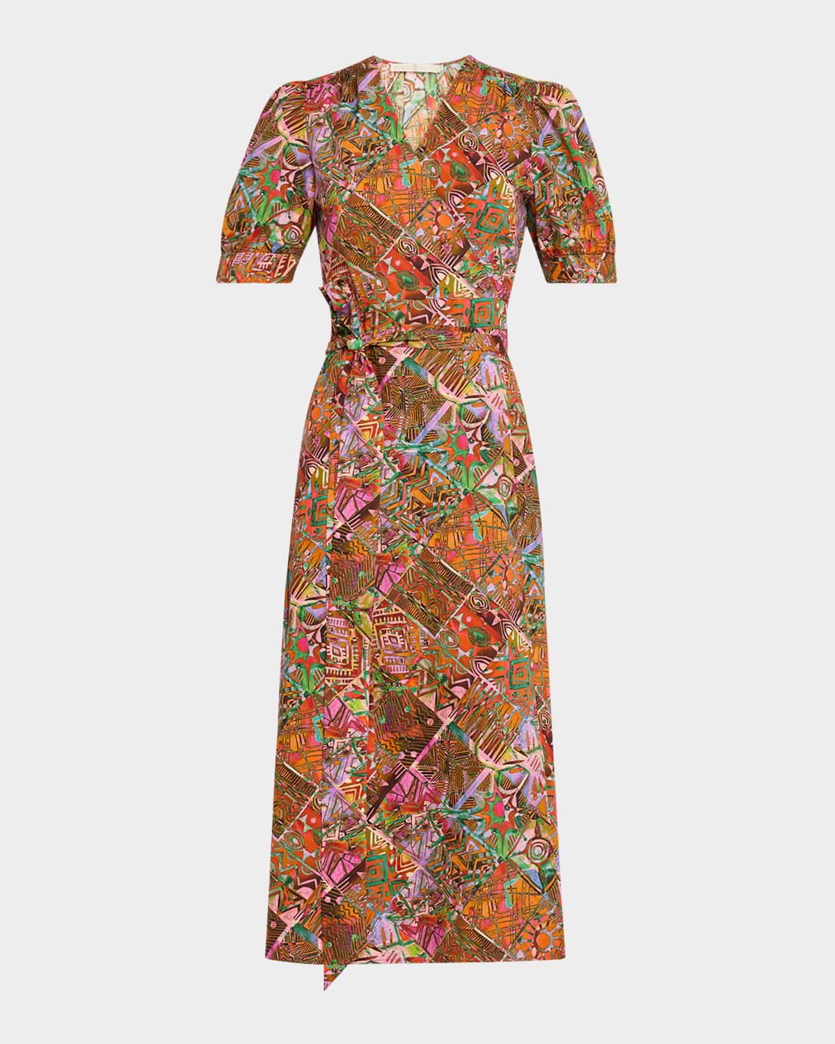 rita patchwork-print viscose midi wrap dress