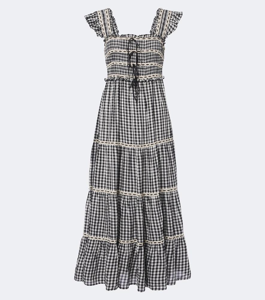 rixo chandra checked tiered cotton midi dress
