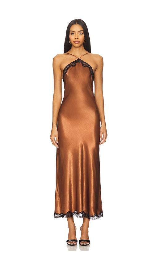 rixo harlan dress in brown.