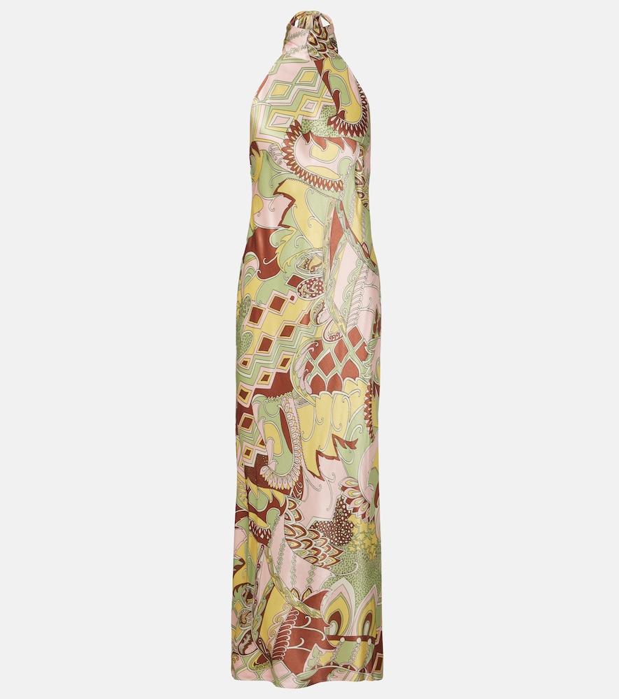 rixo maura printed halterneck satin midi dress
