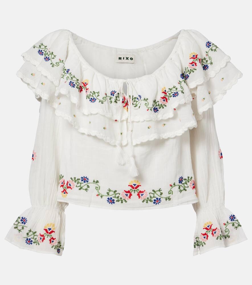 rixo maurine embroidered ruffled cotton top