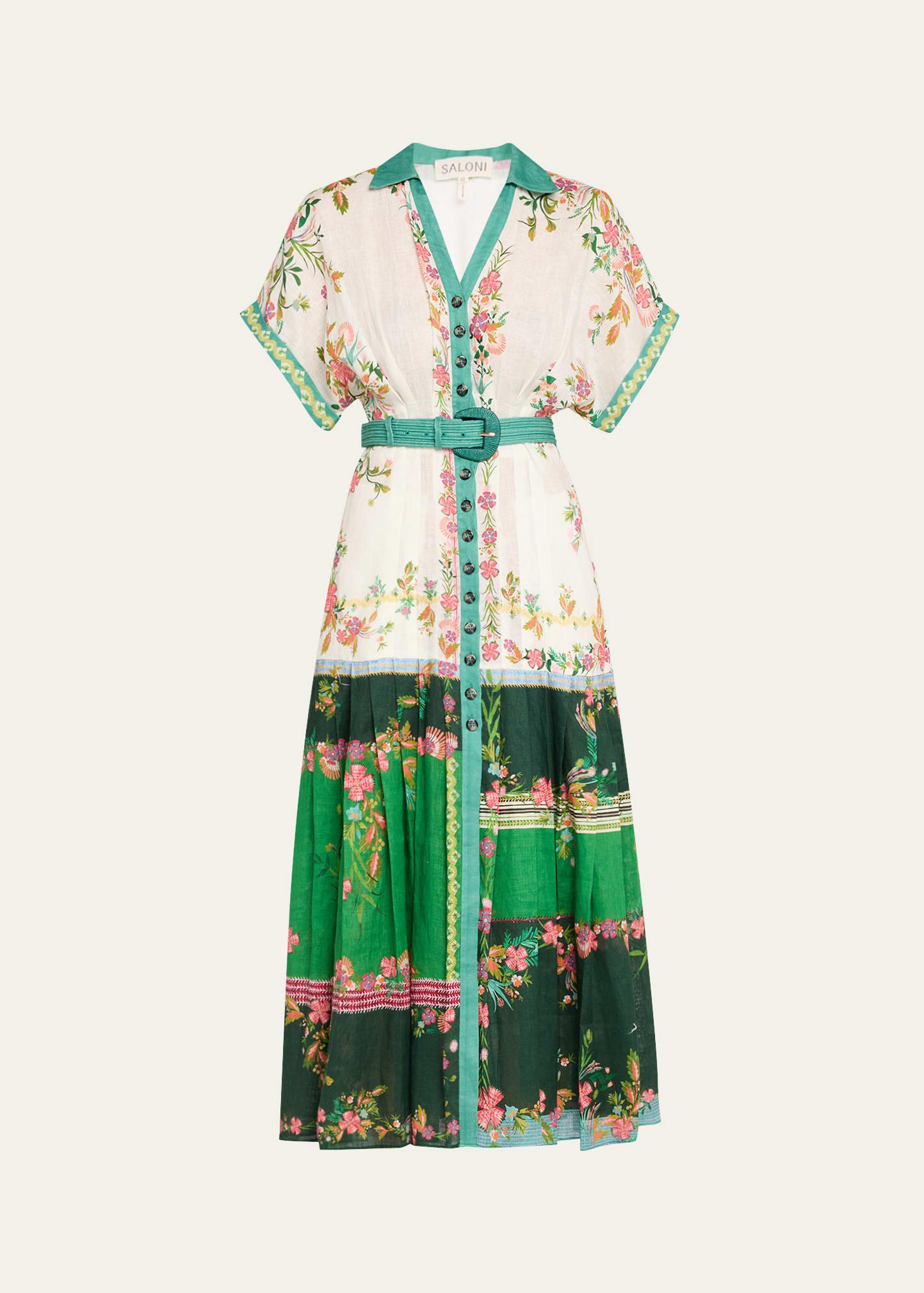 riya-b belted floral linen maxi shirt dress