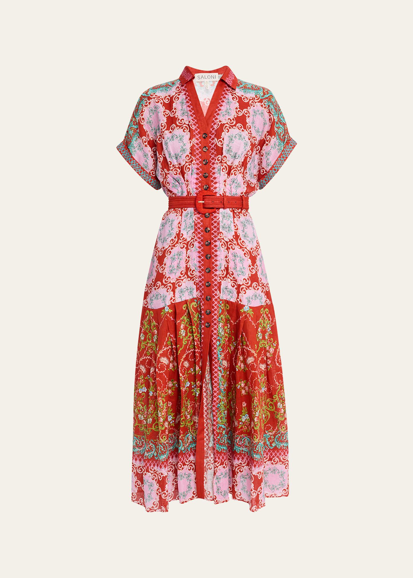 riya-b belted floral linen maxi shirt dress