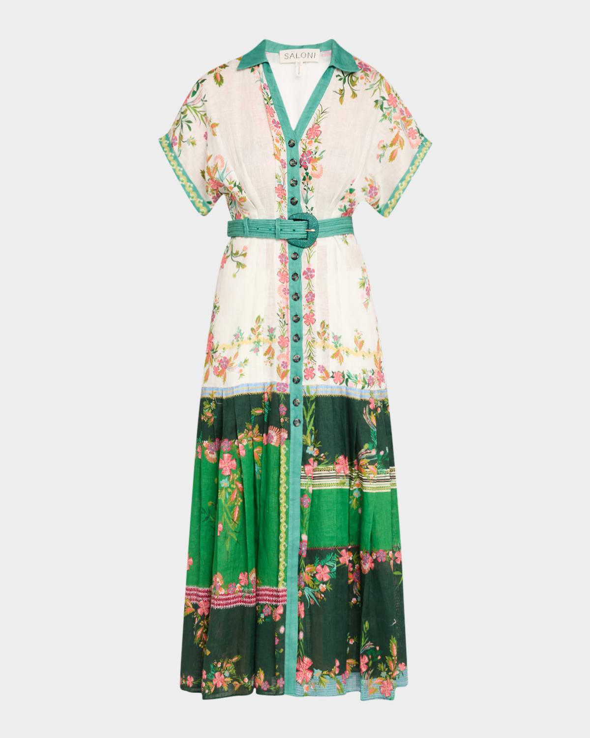 riya-b belted floral linen maxi shirt dress