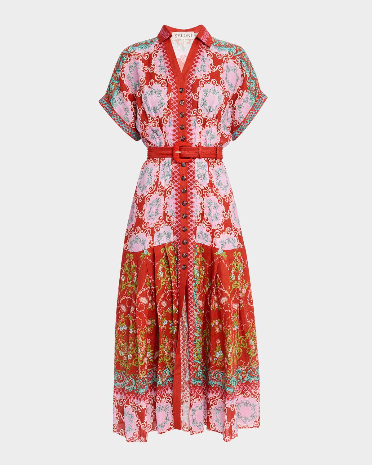 riya-b belted floral linen maxi shirt dress