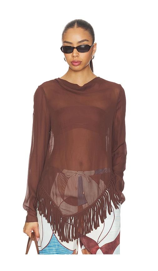 roame. barca fringe top in brown.