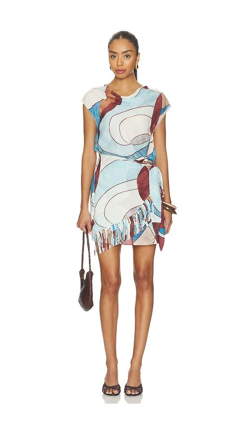 roame. remy fringed mini dress in baby blue,brown.