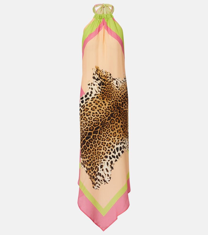 roberto cavalli asymmetric printed silk midi dress