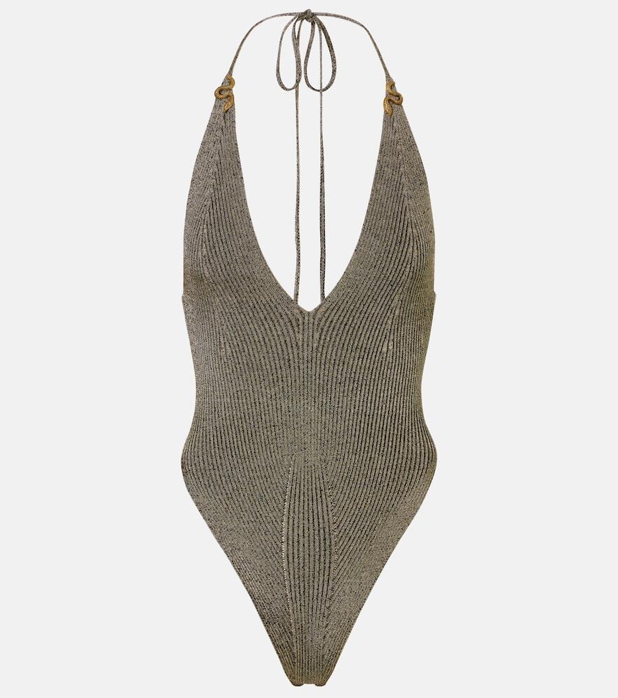 roberto cavalli embellished halterneck lamé bodysuit