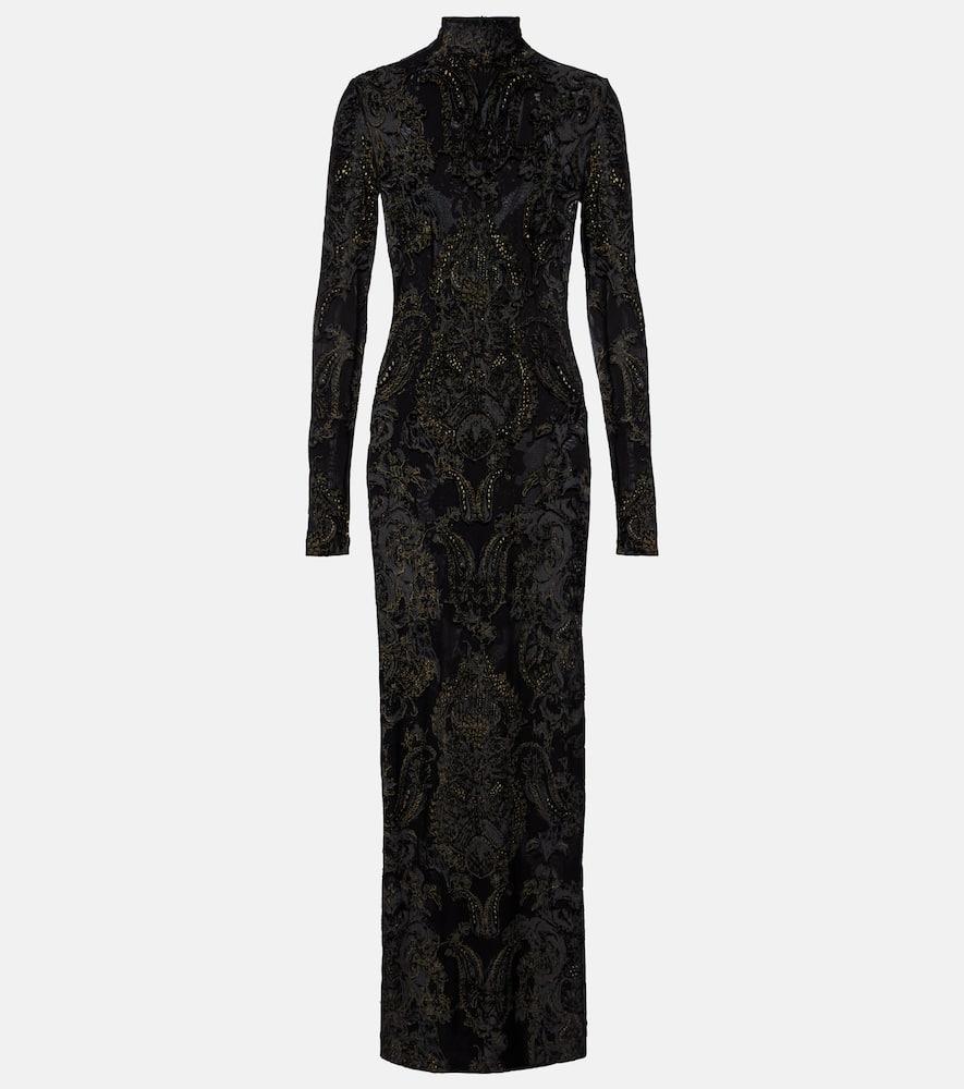 roberto cavalli embroidered velvet and mesh gown